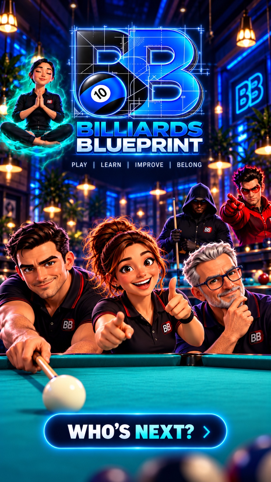 Billiards Blueprint coaches gathered around a pool table beneath the Billiards Blueprint logo and the words Play, Learn, Improve, Belong