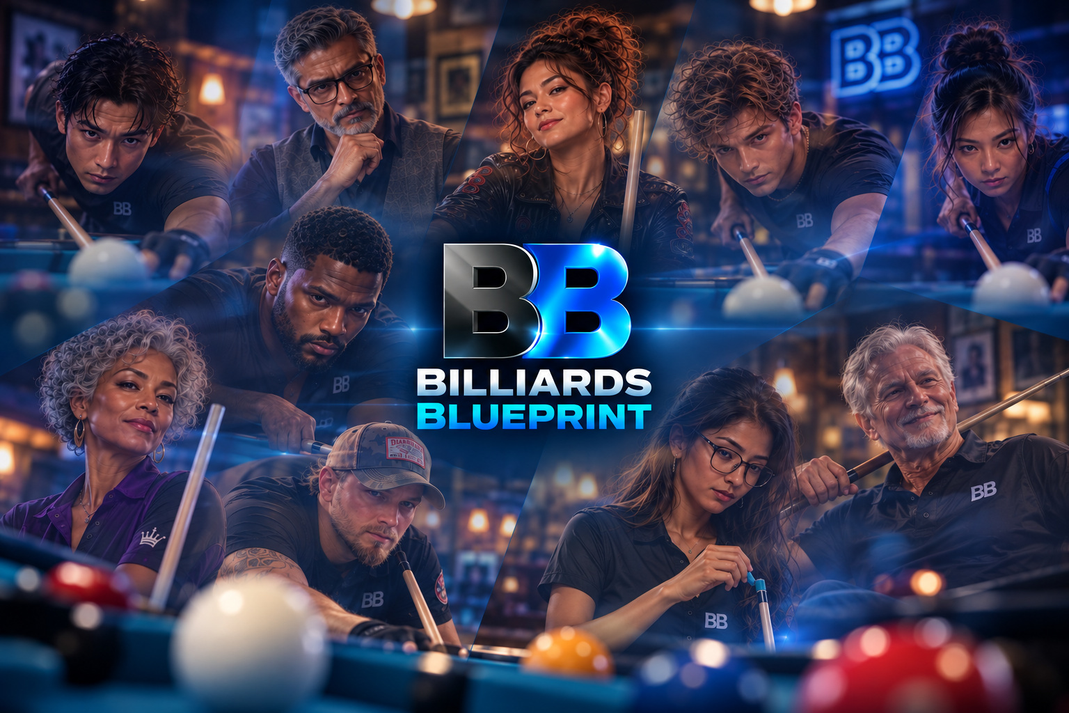 A diverse Billiards Blueprint community of players of different ages and backgrounds gathered around pool tables