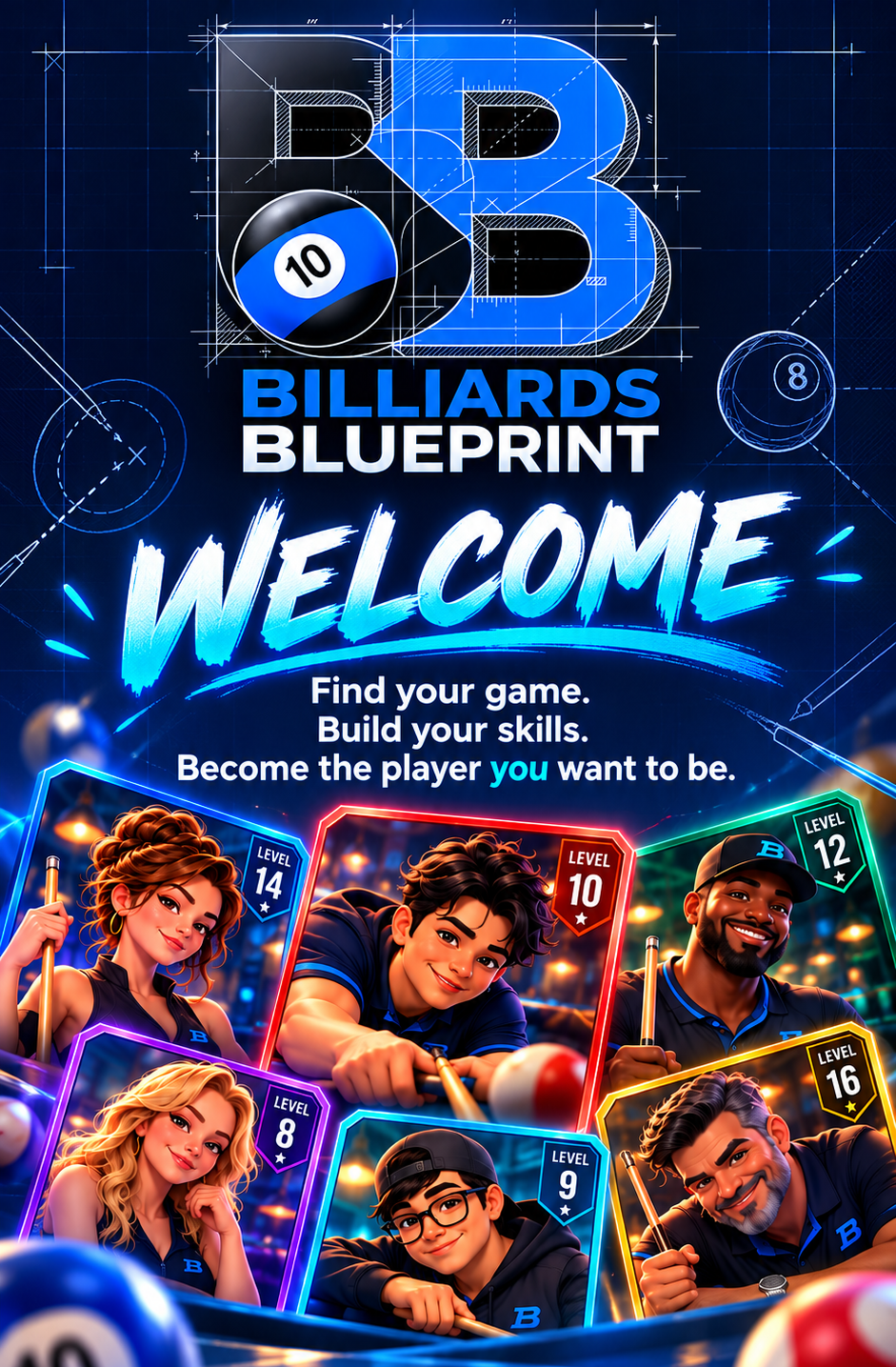 Billiards Blueprint welcome artwork with sample player cards